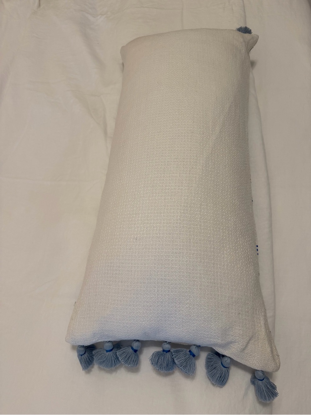 Serena & Lily Blue and White Geometric Embroidered Lumbar Pillow - Picture 5 of 5